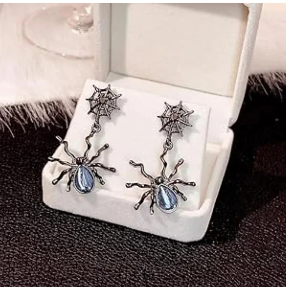 Gothic Spider Web Earrings Silver Blue Gemstone Halloween Alt Jewelry